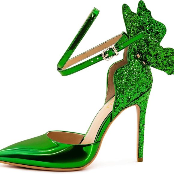 Women’s Green Faux Leather High Heels 4.5in Stiletto Butterfly Ankle Strap - Picture 2 of 5